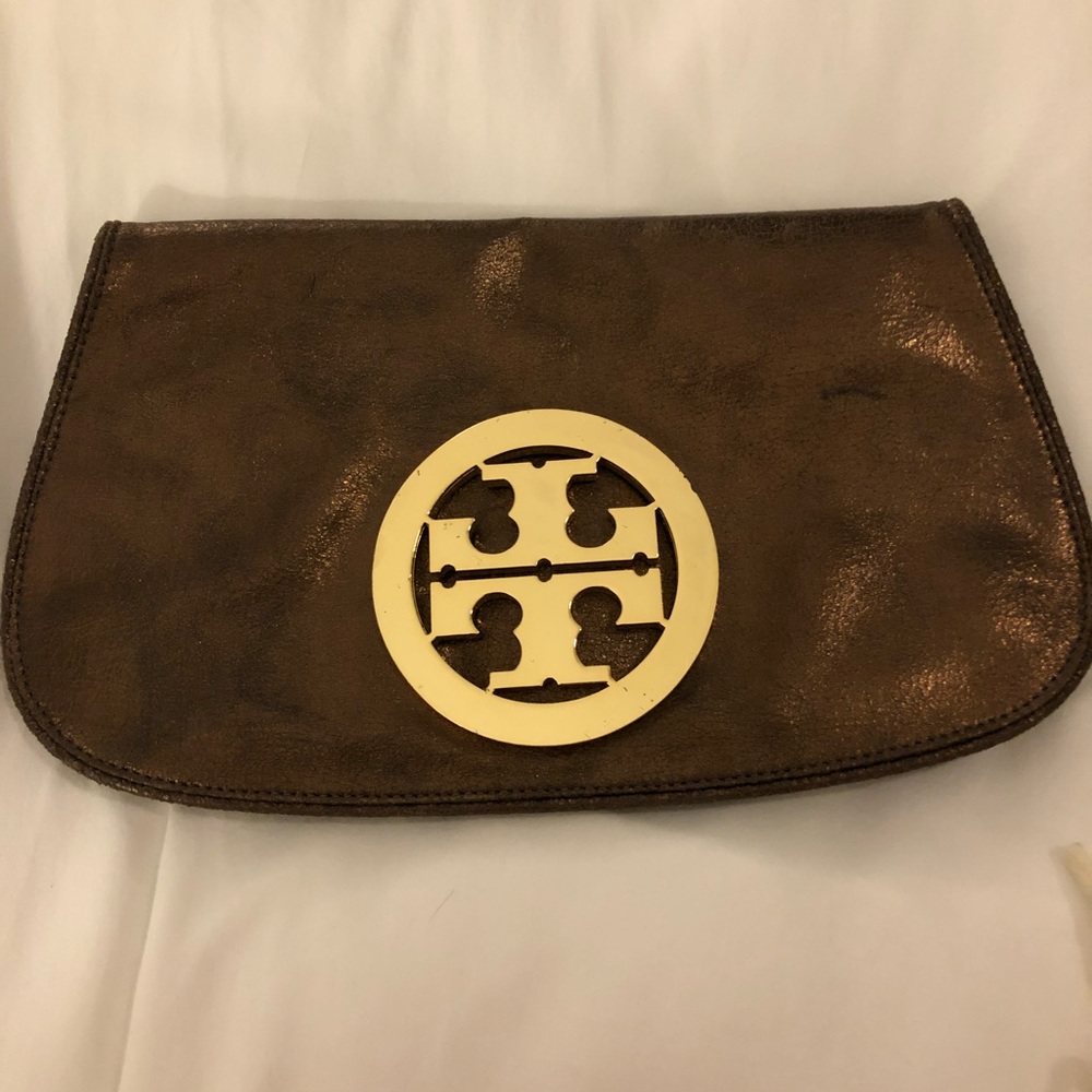 Brown Shimmer Tory Burch clutch w/ gold “T” emblem